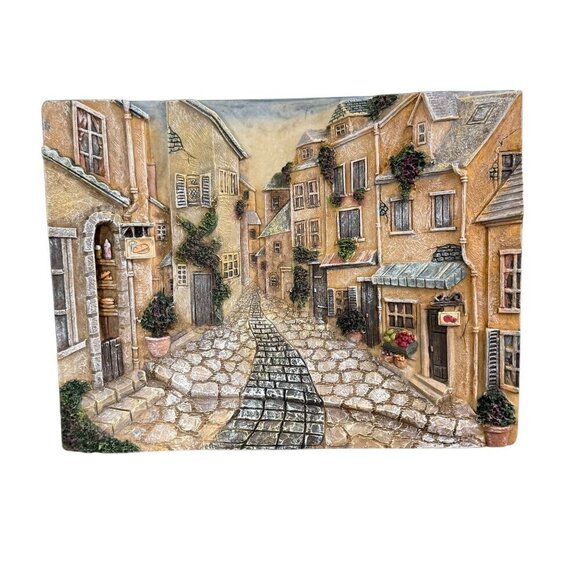 Realistic 3D Resin Wall Hanging, Cobblestone Street Village, 12" x 9.5" - Picture 2 of 15